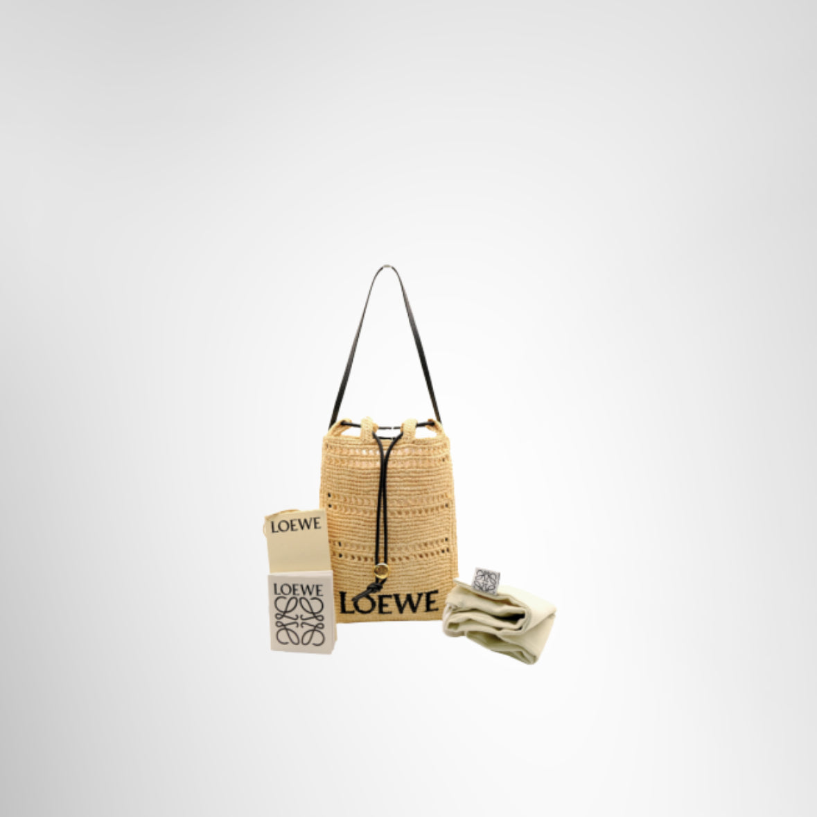 Loewe Preowned Luxury Raffia Sling Bag Front View with Dustbag and Card - Antonio & Co.