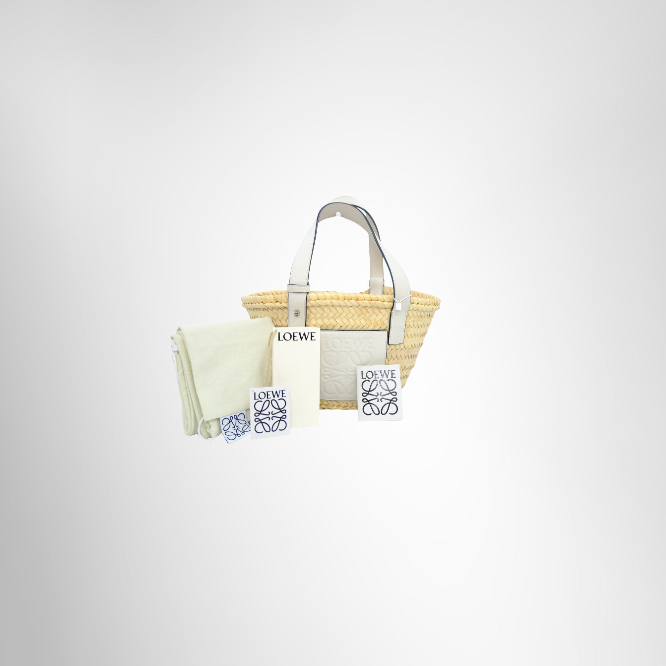 Loewe Preowned Luxury Small Anagram Basket Bag Front View with Dustbag and Card - Antonio & Co.