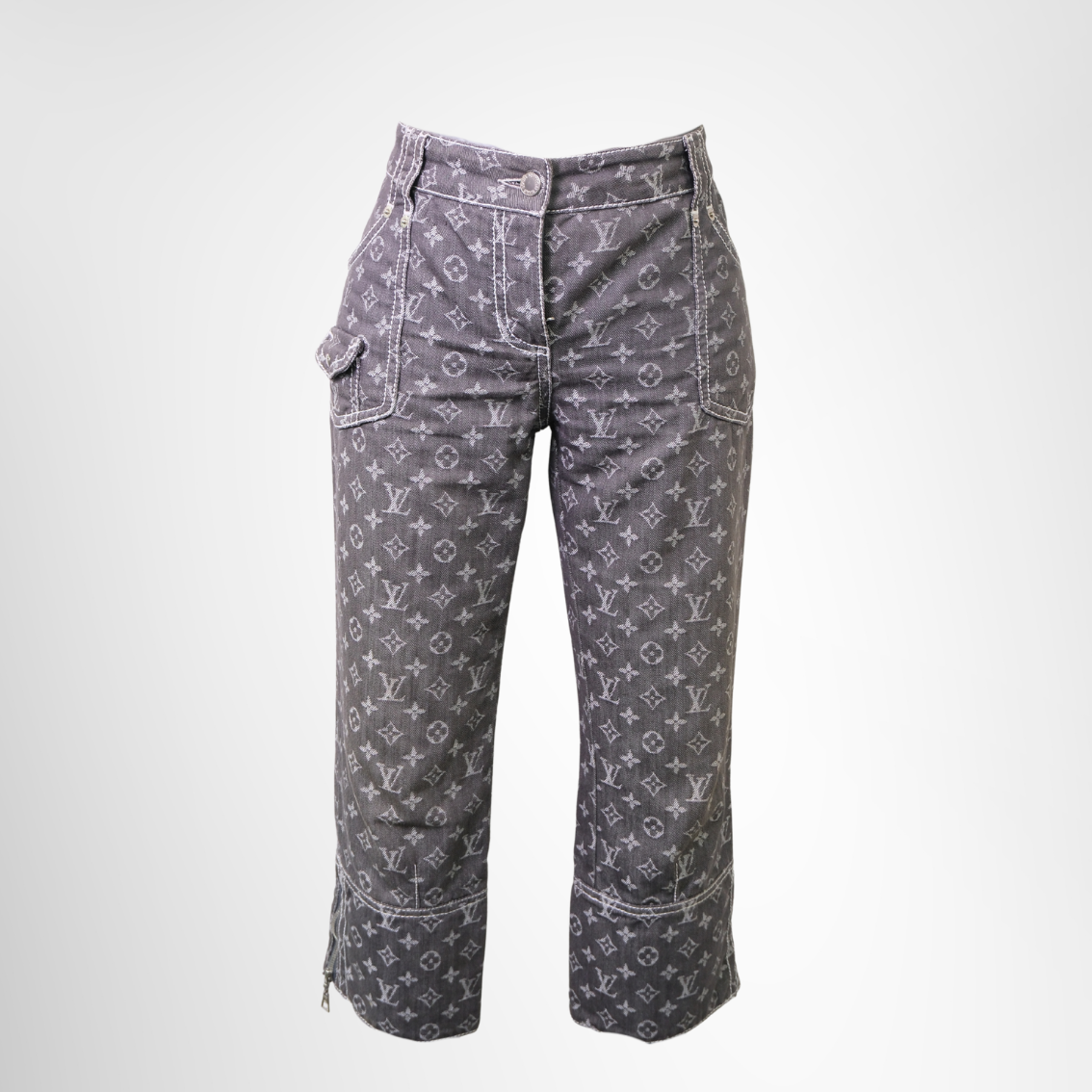 Cropped Monogram Denim Pants in Grey
