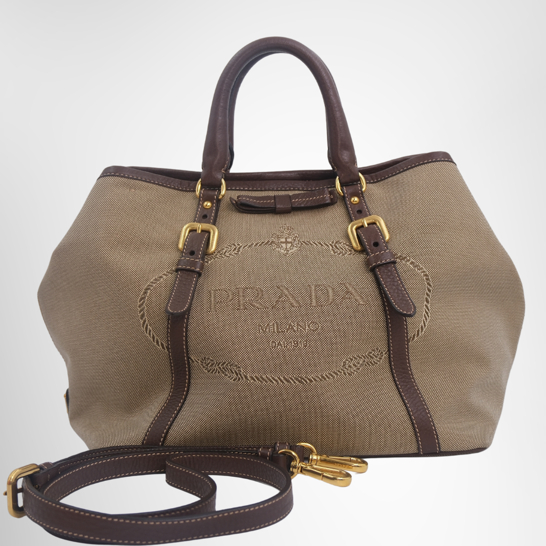 Louis Vuitton Preowned Luxury BN1841 Logo Jacquard 2-Way Tote Bag Front View with Strap - Antonio & Co.