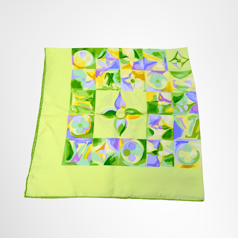 Louis Vuitton Preowned Luxury Colorful Geometric and Abstract Watercolor Scarf Folded View2 - Antonio & Co.