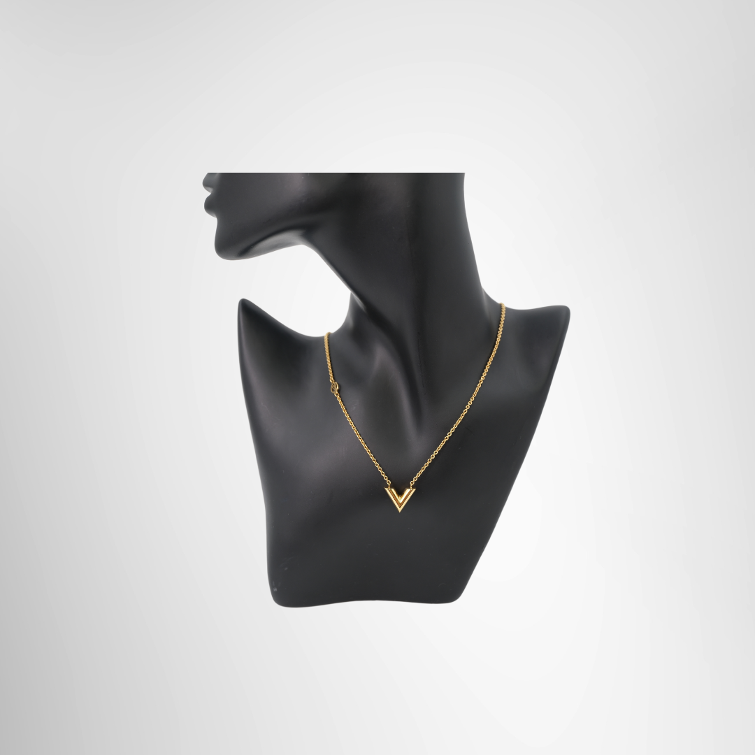 Louis Vuitton Preowned Luxury Essential V Necklace in Gold Tone Accessories Worn View - Antonio & Co.