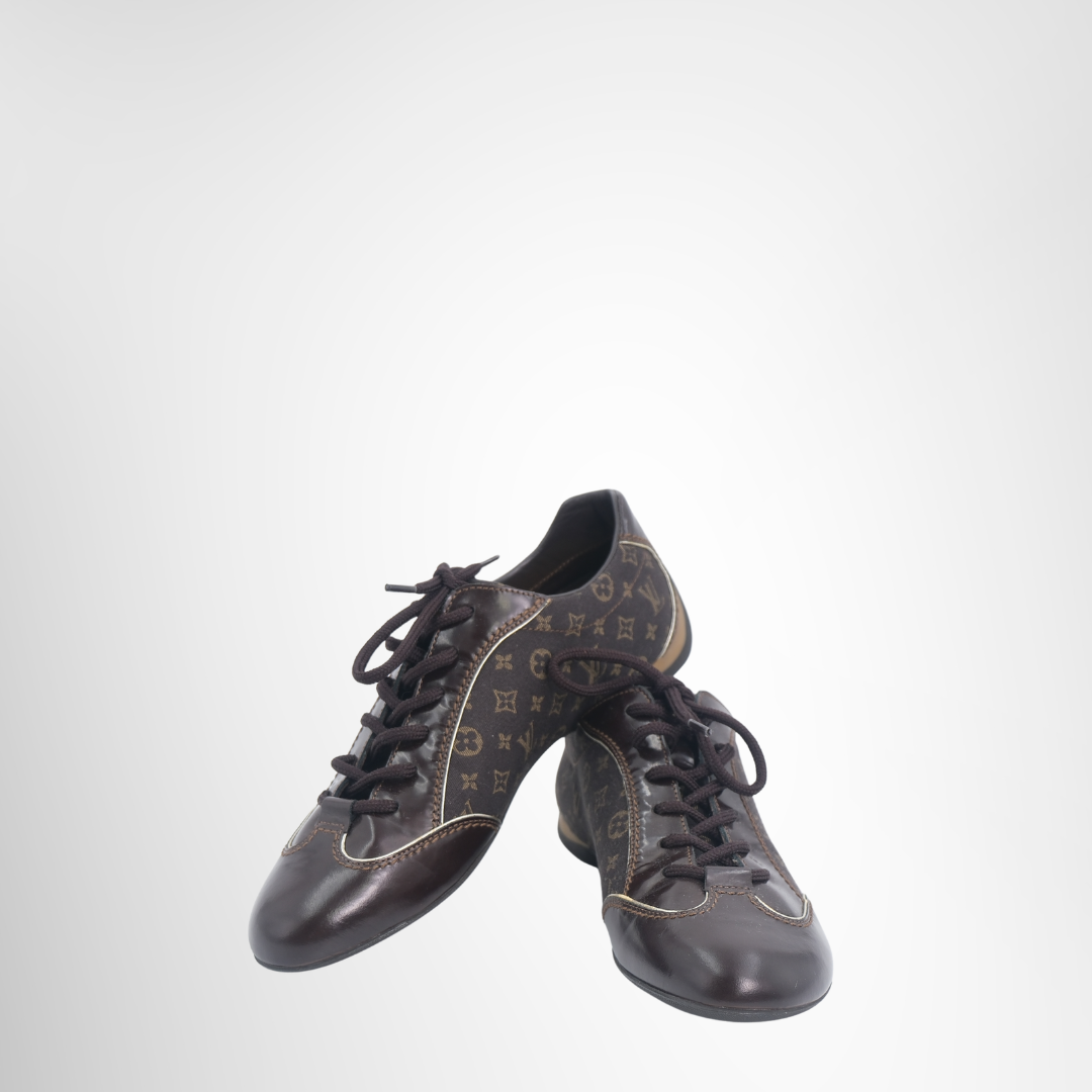 Louis Vuitton Preowned Luxury Monogram Mini Sneakers Front And Side View