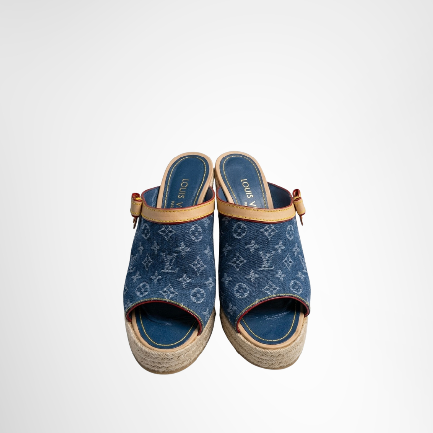 Louis Vuitton Preowned Luxury Mules Denim Espadrille Wedge Mules in Blue Front View