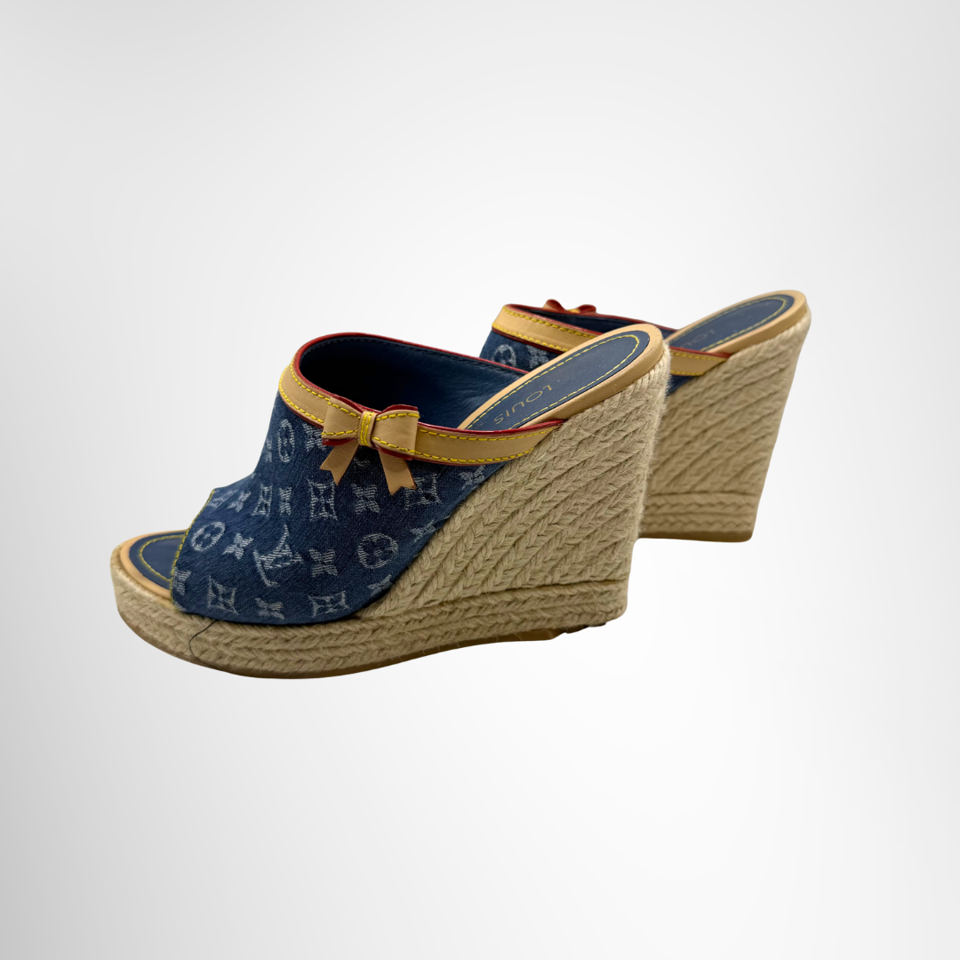 Louis Vuitton Preowned Luxury Mules Denim Espadrille Wedge Mules in Blue Side View