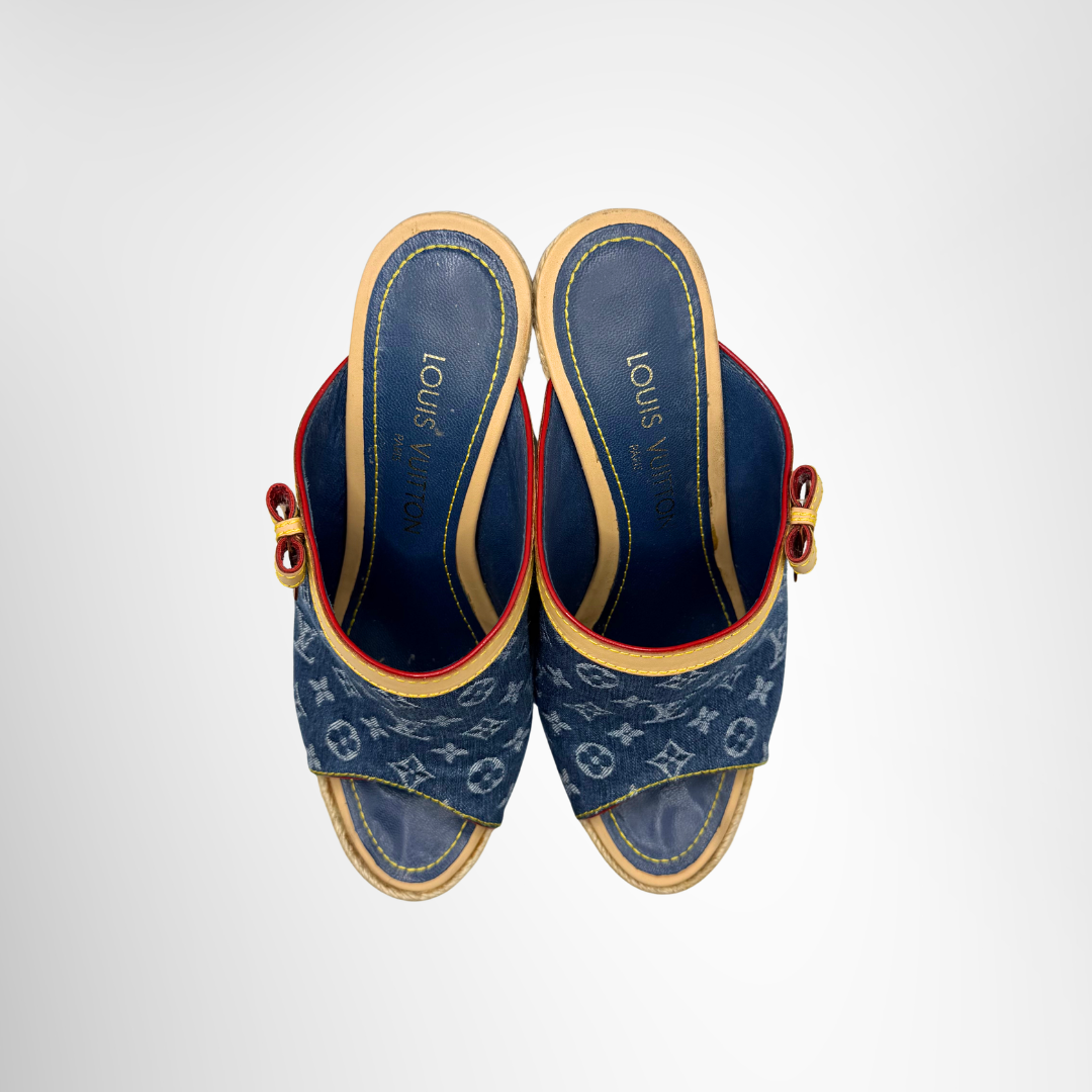 Louis Vuitton Preowned Luxury Mules Denim Espadrille Wedge Mules in Blue Top View