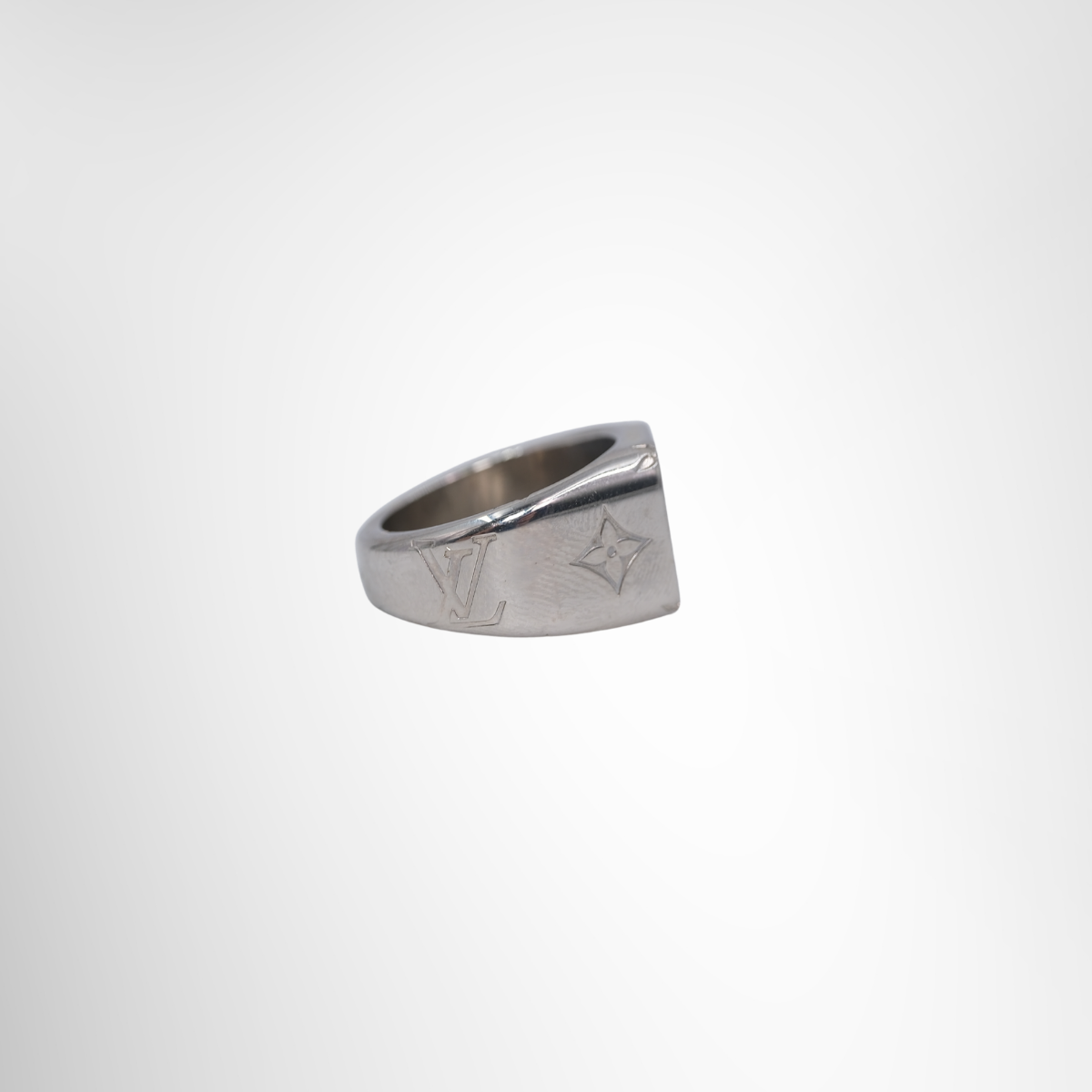 Louis Vuitton Preowned Luxury Ring Monogram Signet Silver Ring Side View 2 - Antonio & Co.