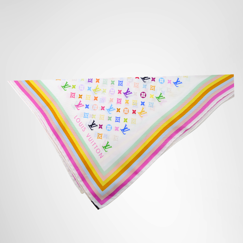 Louis Vuitton Preowned Luxury Scarf Takashi Murakami Monogram Multicolor Silk Scarf Corner View