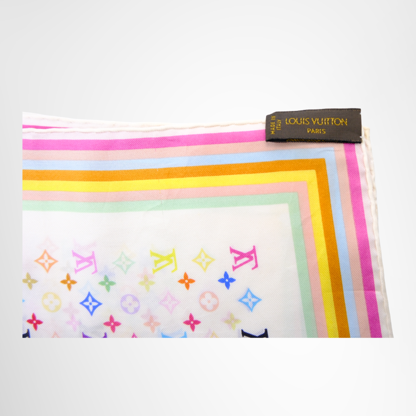 Louis Vuitton Preowned Luxury Scarf Takashi Murakami Monogram Multicolor Silk Scarf Corner View 2
