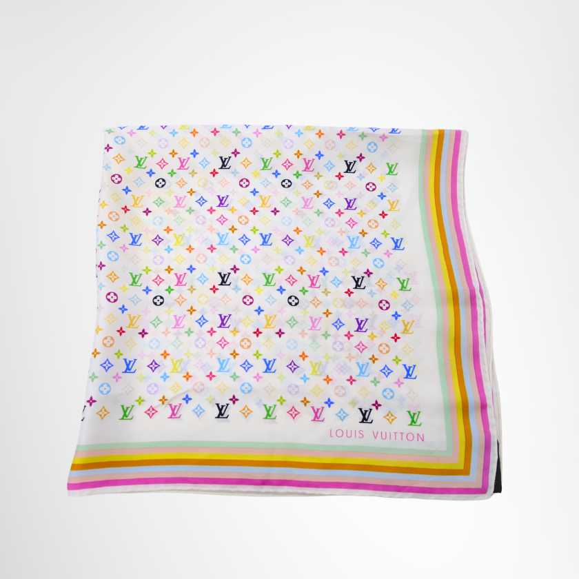 Louis Vuitton Preowned Luxury Scarf Takashi Murakami Monogram Multicolor Silk Scarf Front View 2