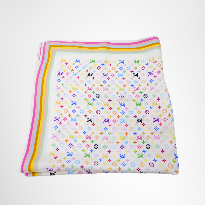 Louis Vuitton Preowned Luxury Scarf Takashi Murakami Monogram Multicolor Silk Scarf Front View 3