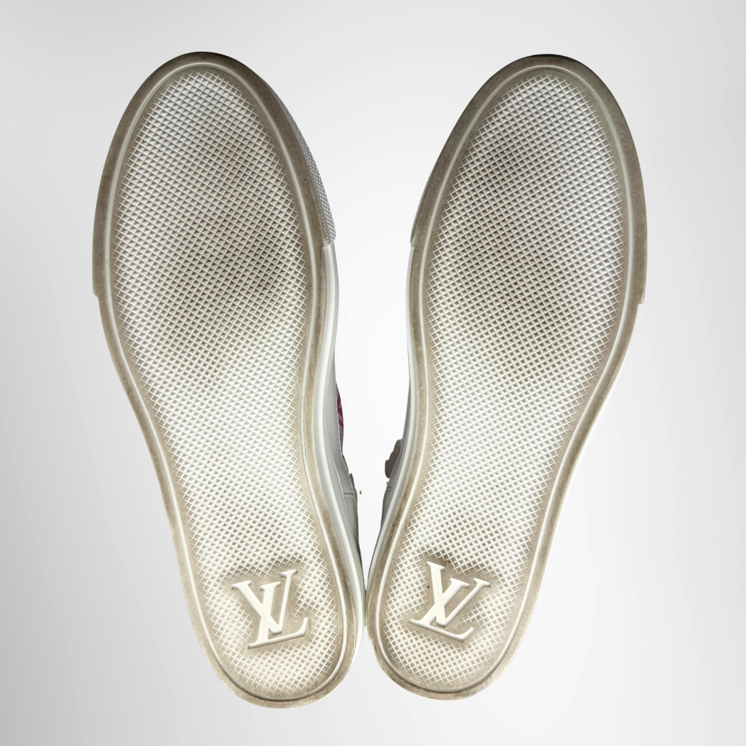 Louis Vuitton Preowned Luxury Shoes Stellar High Top Sneakers in White and Pink Monogram Mesh Bottom View