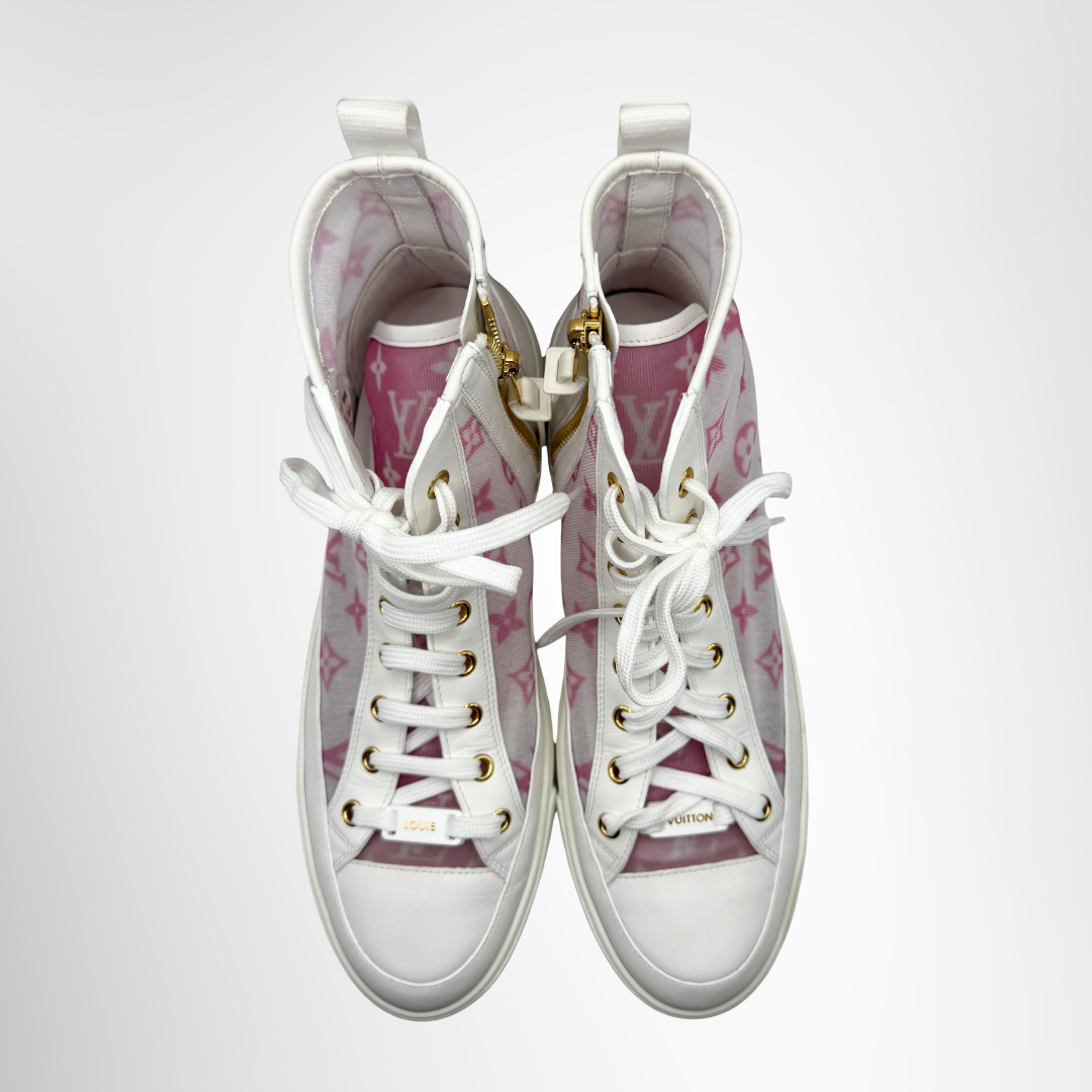 Louis Vuitton Preowned Luxury Shoes Stellar High Top Sneakers in White and Pink Monogram Mesh Top View