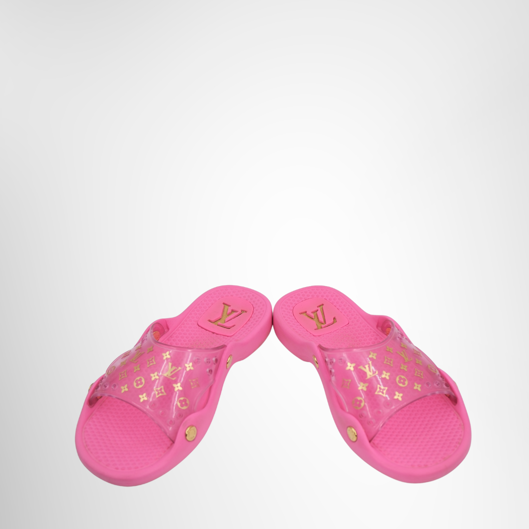 Louis Vuitton Preowned Luxury Slide Pink Monogram Slide Front View 2