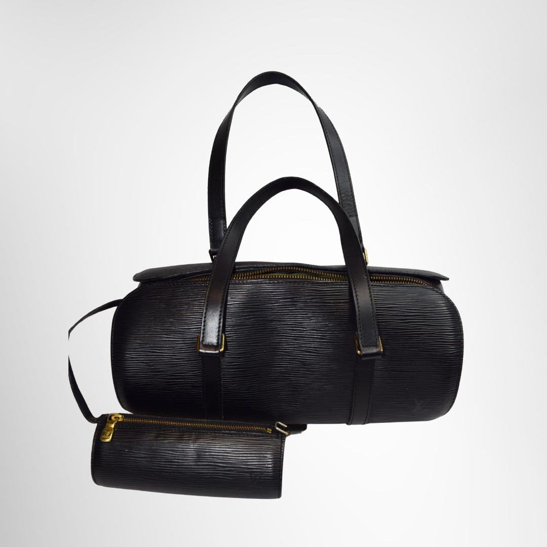 Louis Vuitton Preowned Luxury Soufflot Epi Black Bag Front View with Pouch - ANtonio & Co.