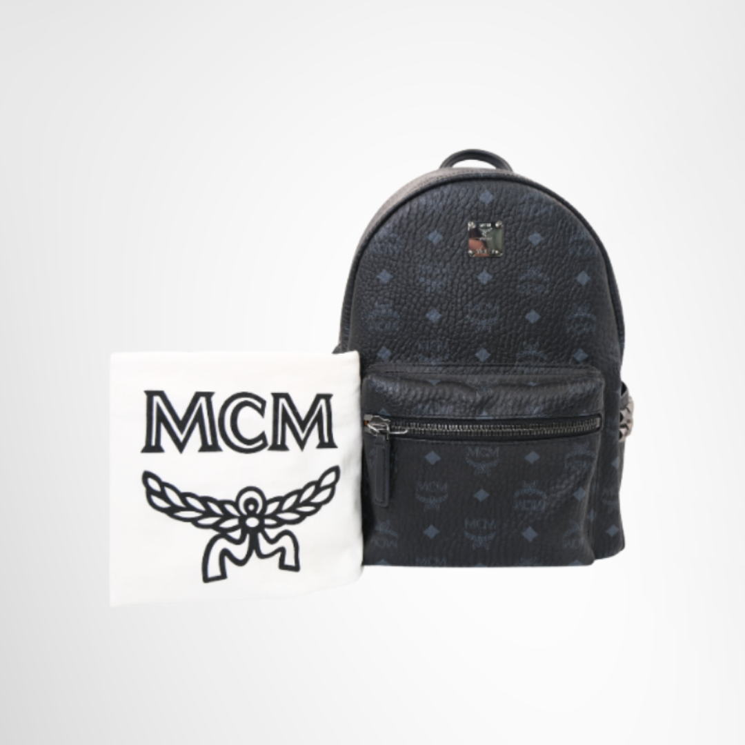 MCM Preowned Luxury Stark Side Studs Backpack Front View With Dust Bag