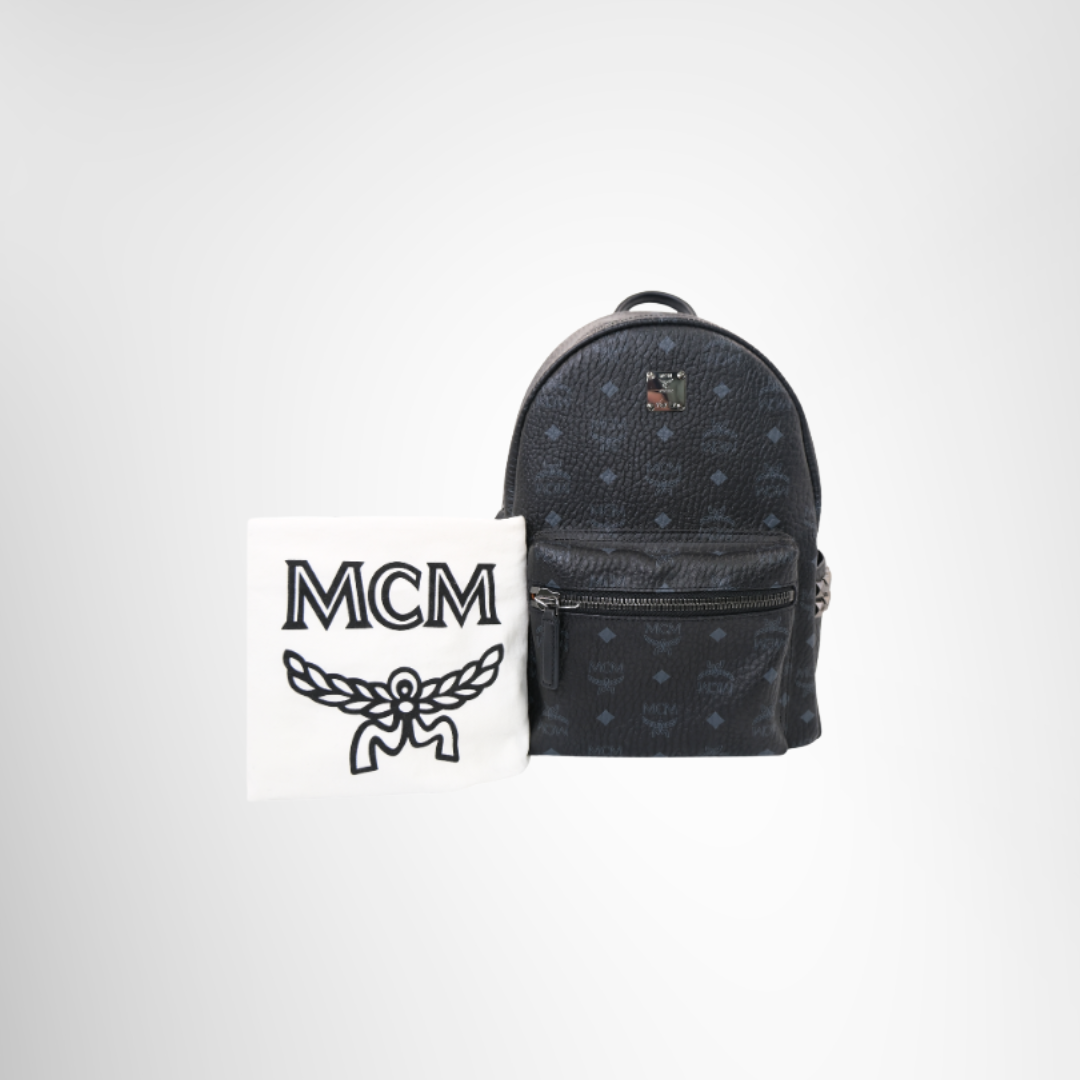 MCM Preowned Luxury Stark Side Studs Backpack Front View With Dust Bag