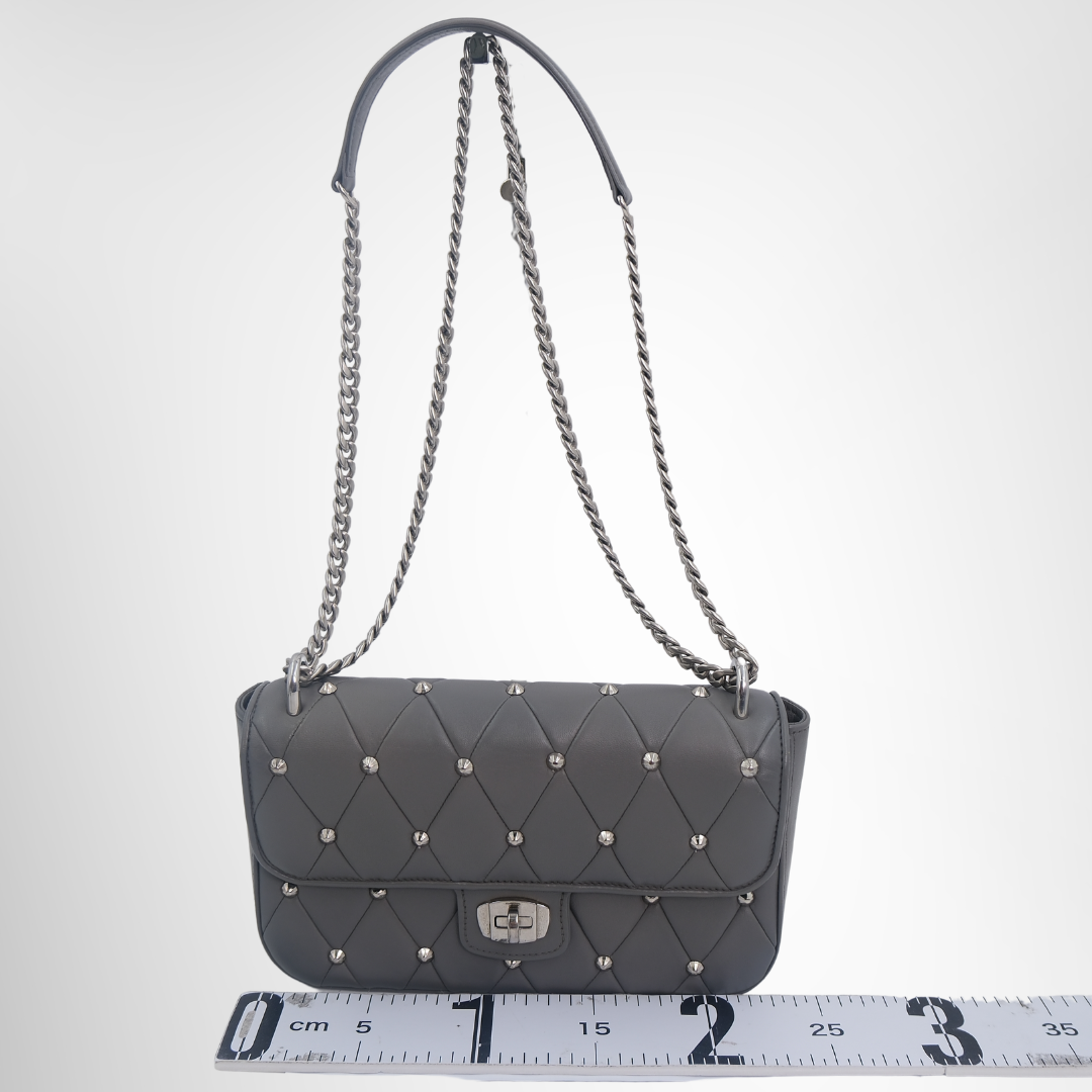 MiuMiuPreOwnedLuxuryBagNRMiu Miu Preowned Luxury Gray Studded Matelassé Leather Crossbody Bag Front View - Antonio & Co.