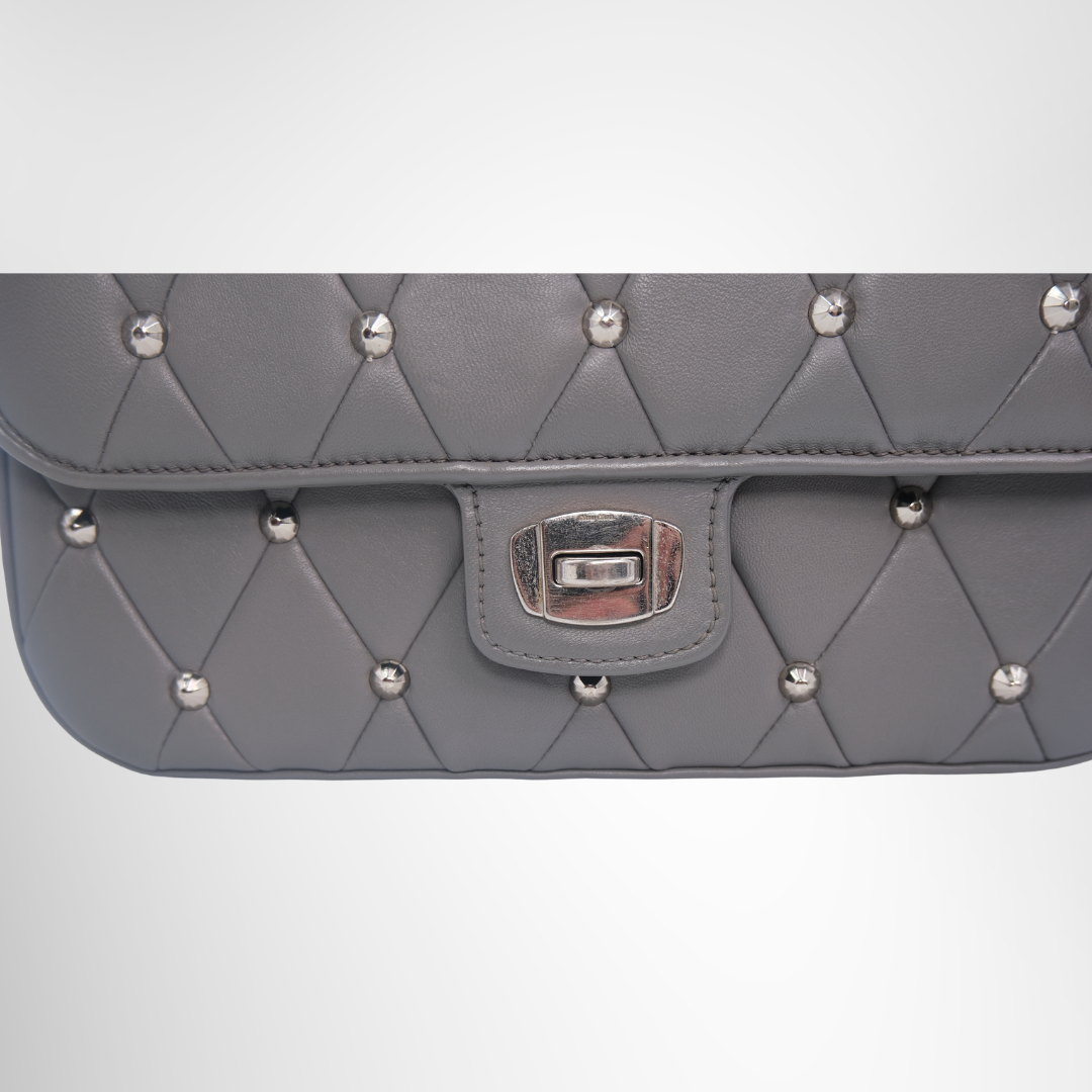 Miu Miu Preowned Luxury Gray Studded Matelassé Leather Crossbody Bag Bottom Front Lock - Antonio & Co.
