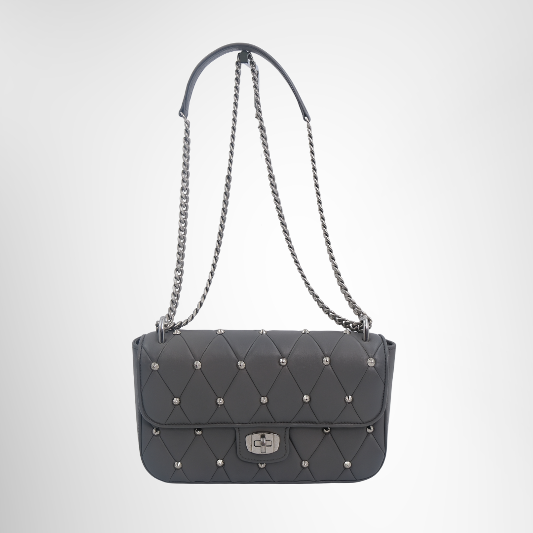 Miu Miu Preowned Luxury Gray Studded Matelassé Leather Crossbody Bag Front Page - Antonio & Co.