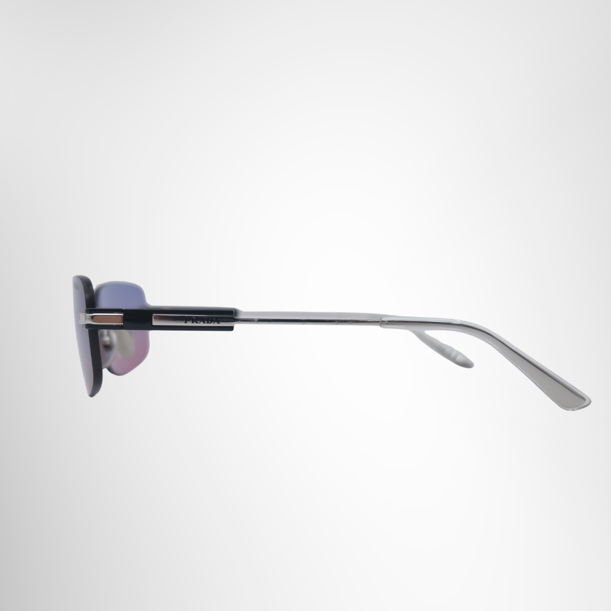 Prada Rectangular Rimless Metal Sunglasses – Pre-Owned Luxury Sunglasses – Antonio & Co Side Exterior View