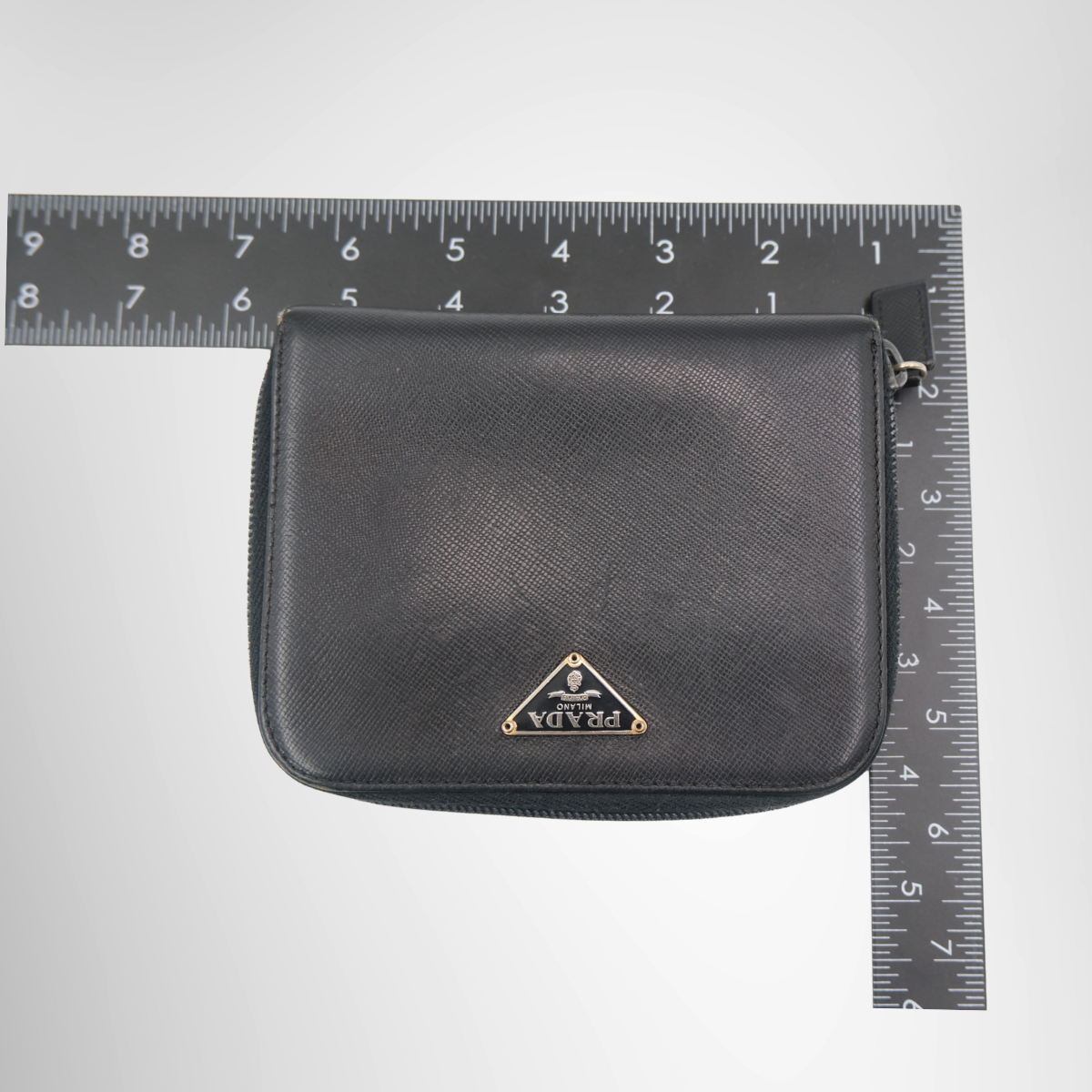 Prada Saffiano Leather Compact Zip Around Wallet – Pre-Owned Luxury Brand Wallet – Antonio & Co Measurement View