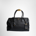 Prada Preowned Luxury Bag Black Vitello Grain Leather Double Handle Tote Bag Front View