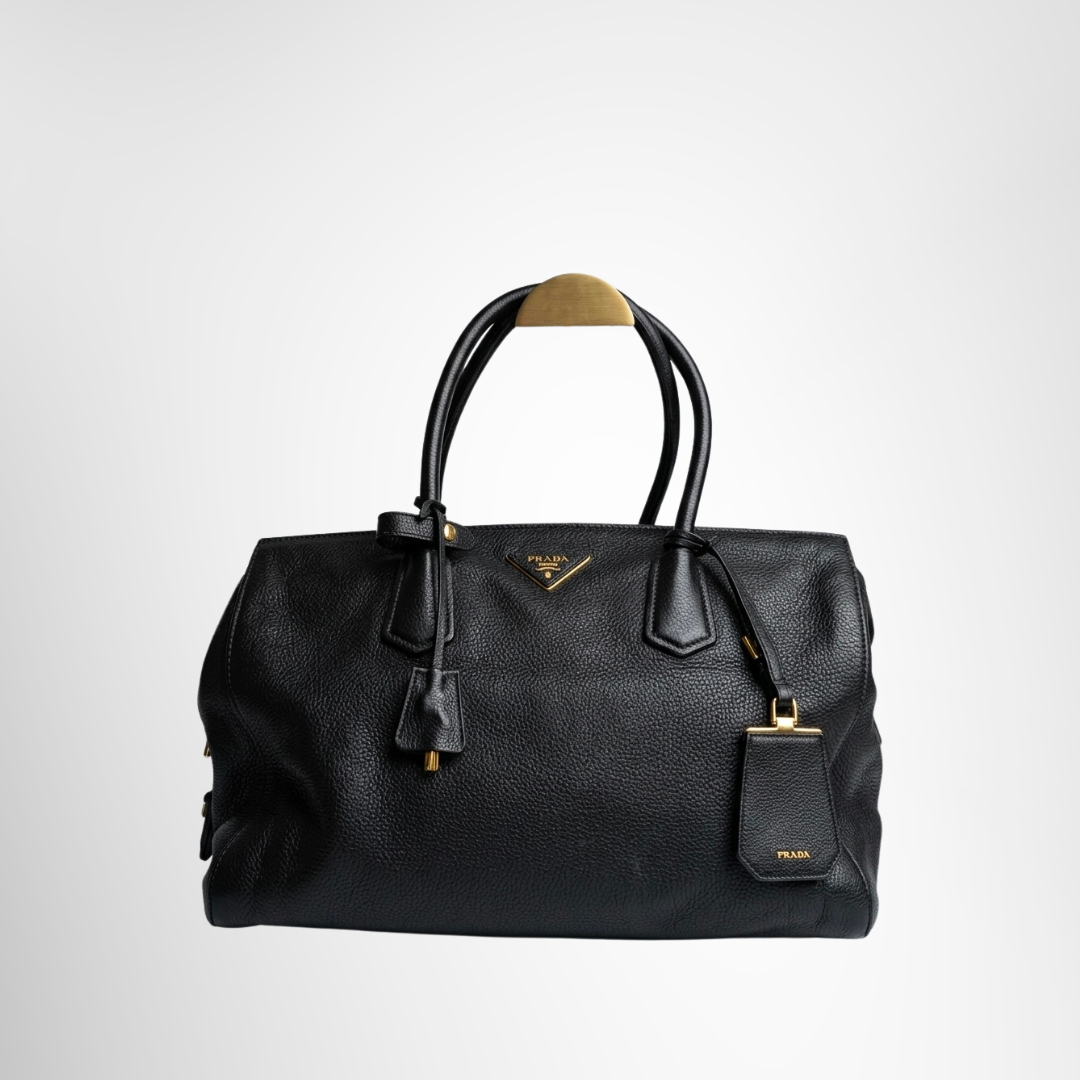 Prada Preowned Luxury Bag Black Vitello Grain Leather Double Handle Tote Bag Front View