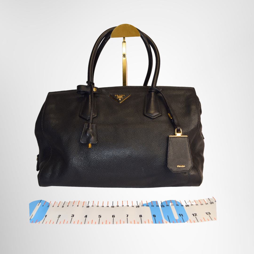 Prada Preowned Luxury Bag Black Vitello Grain Leather Double Handle Tote Bag Front View 2