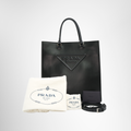 Prada Preowned Luxury Bag Embossed Triangle Logo Tote Bag Front View with Accessories