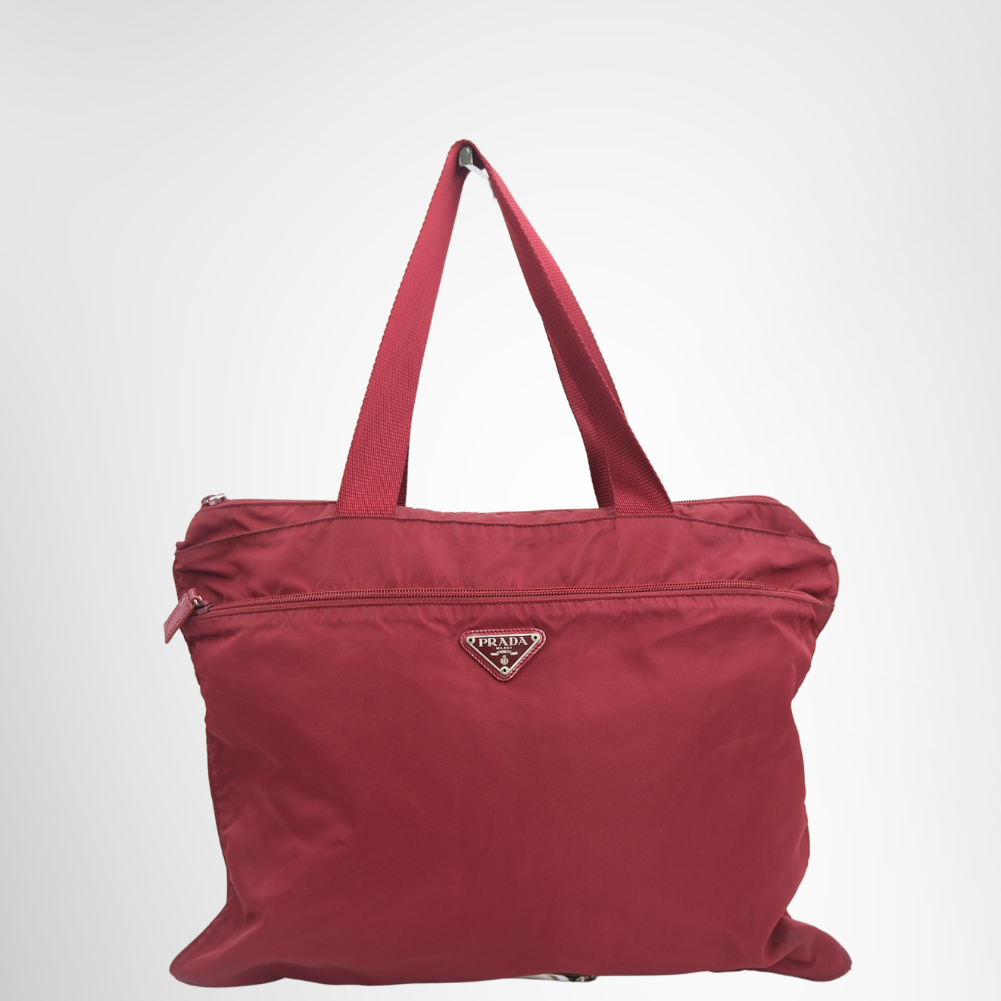 Prada Preowned Luxury Bag Tessuto Red Nylon Tote Bag Front View