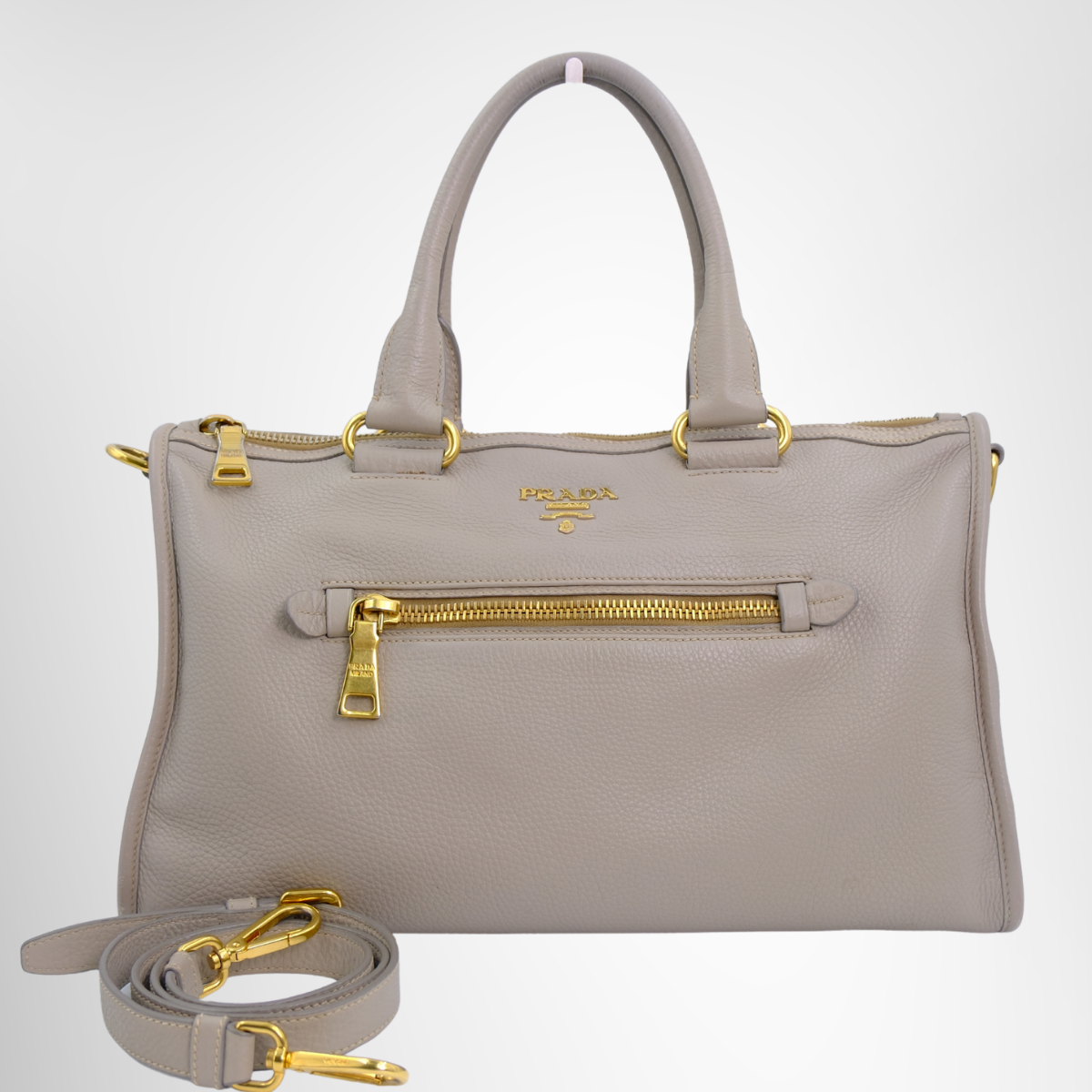 Prada Preowned Luxury Bauletto Vitello Daino Front Zip Satchel Bag Front with Strap - Antonio & Co.