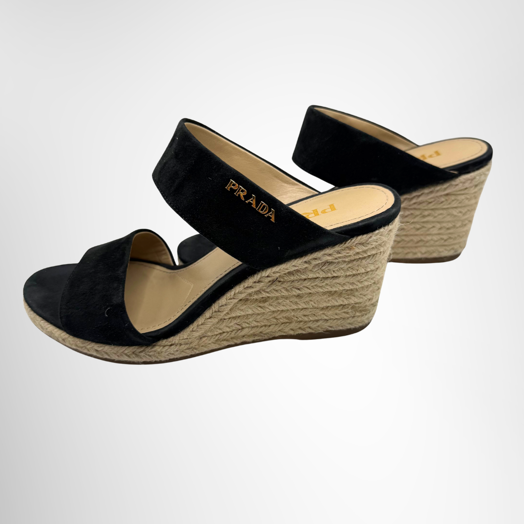 Prada Preowned Luxury Sandal Siera Espadrille Wedge Slide Sandal Side View