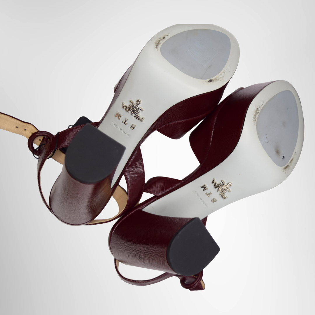Prada Preowned Luxury Sandals Burgundy Patent Leather Ankle Strap Platform Sandals Bottom View