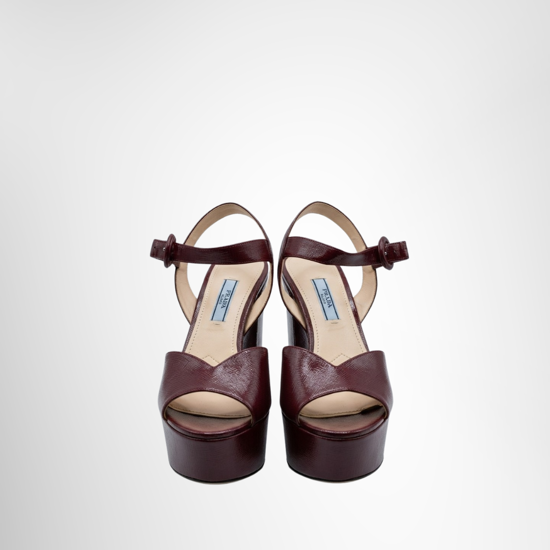 Prada Preowned Luxury Sandals Burgundy Patent Leather Ankle Strap Platform Sandals Front View