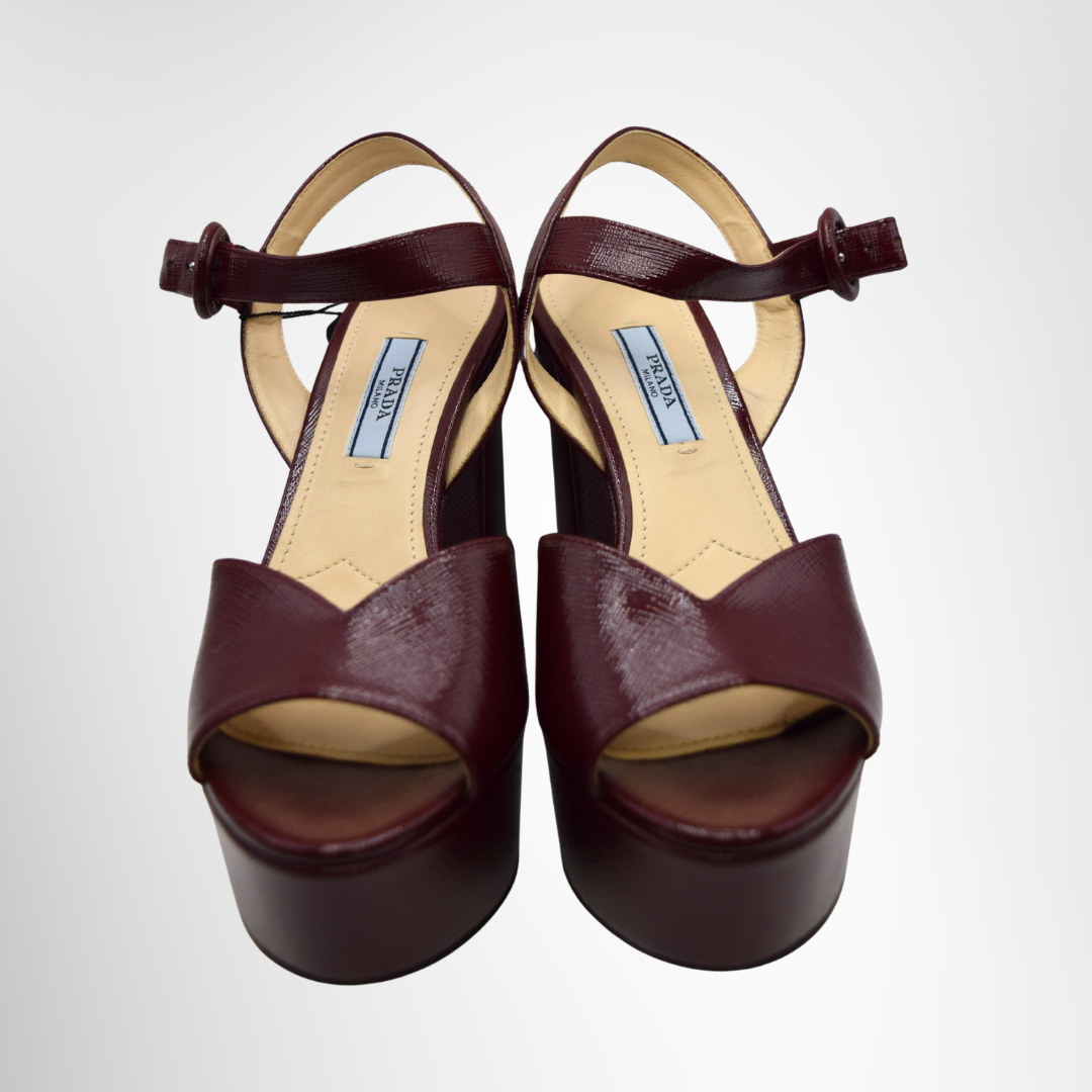 Prada Preowned Luxury Sandals Burgundy Patent Leather Ankle Strap Platform Sandals Front View 2