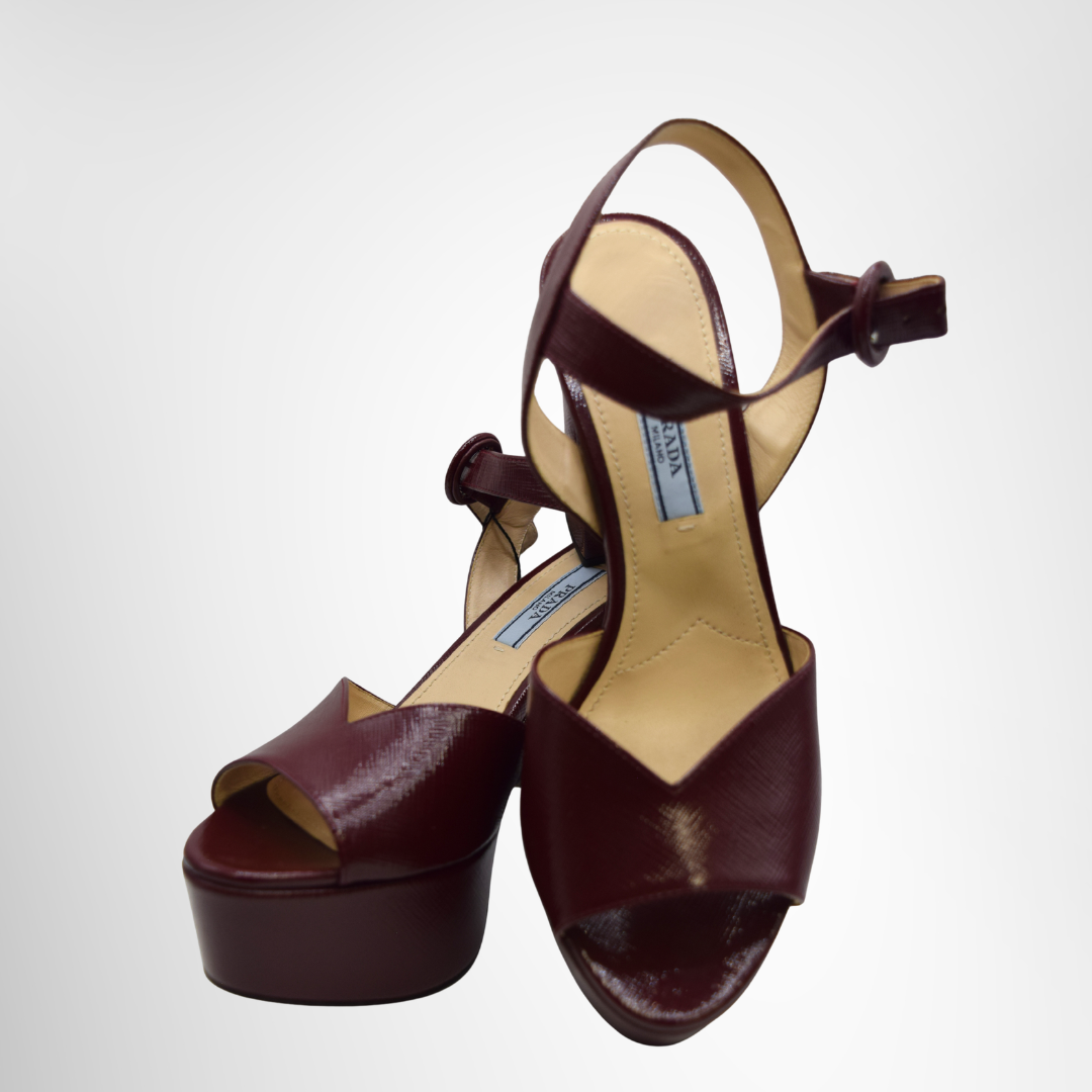 Prada Preowned Luxury Sandals Burgundy Patent Leather Ankle Strap Platform Sandals Front View 3
