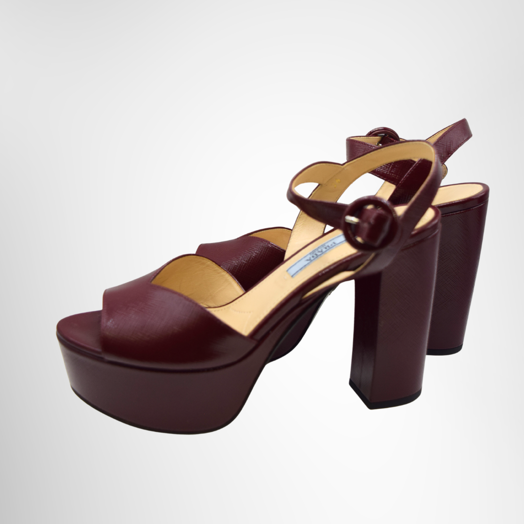 Prada Preowned Luxury Sandals Burgundy Patent Leather Ankle Strap Platform Sandals Side View