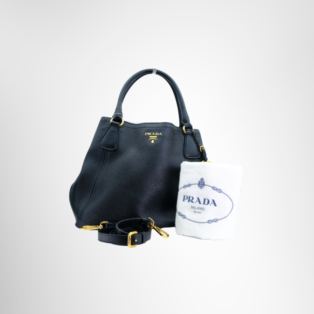 Prada Preowned Luxury Vitello Daino Tote Bag Front View with Strap and Dustbag - Antonio & Co.