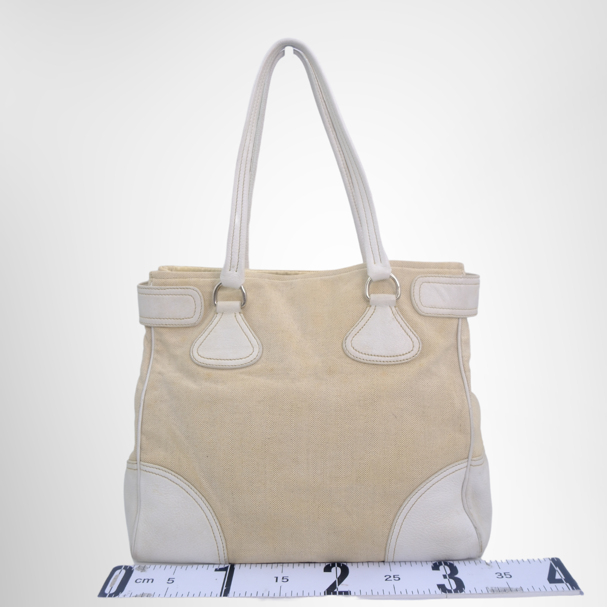 Prada Preowned Luxury White Canvas Leather Tote Bag Back View - Antonio & Co.