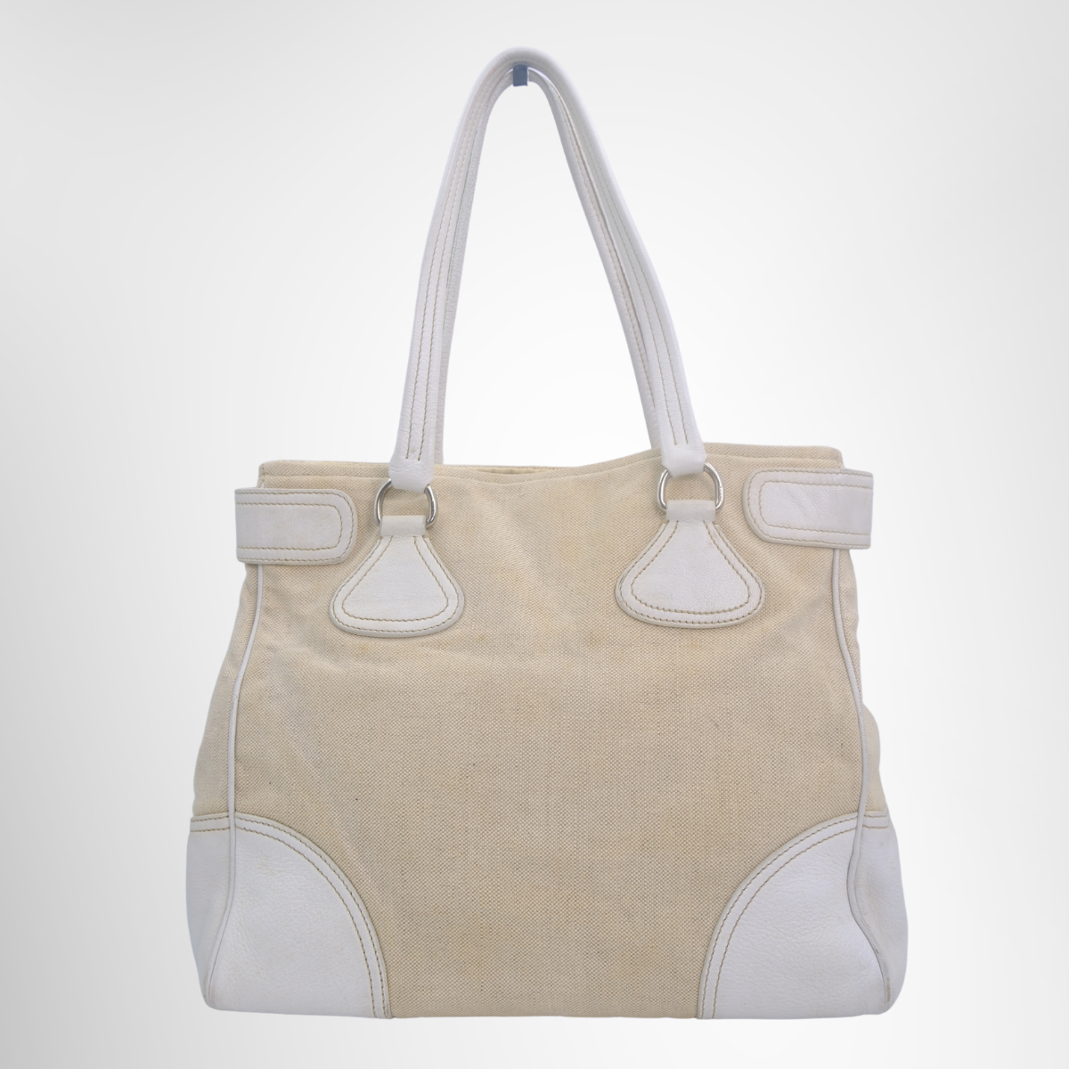 Prada Preowned Luxury White Canvas Leather Tote Bag Front Page - Antonio & Co.
