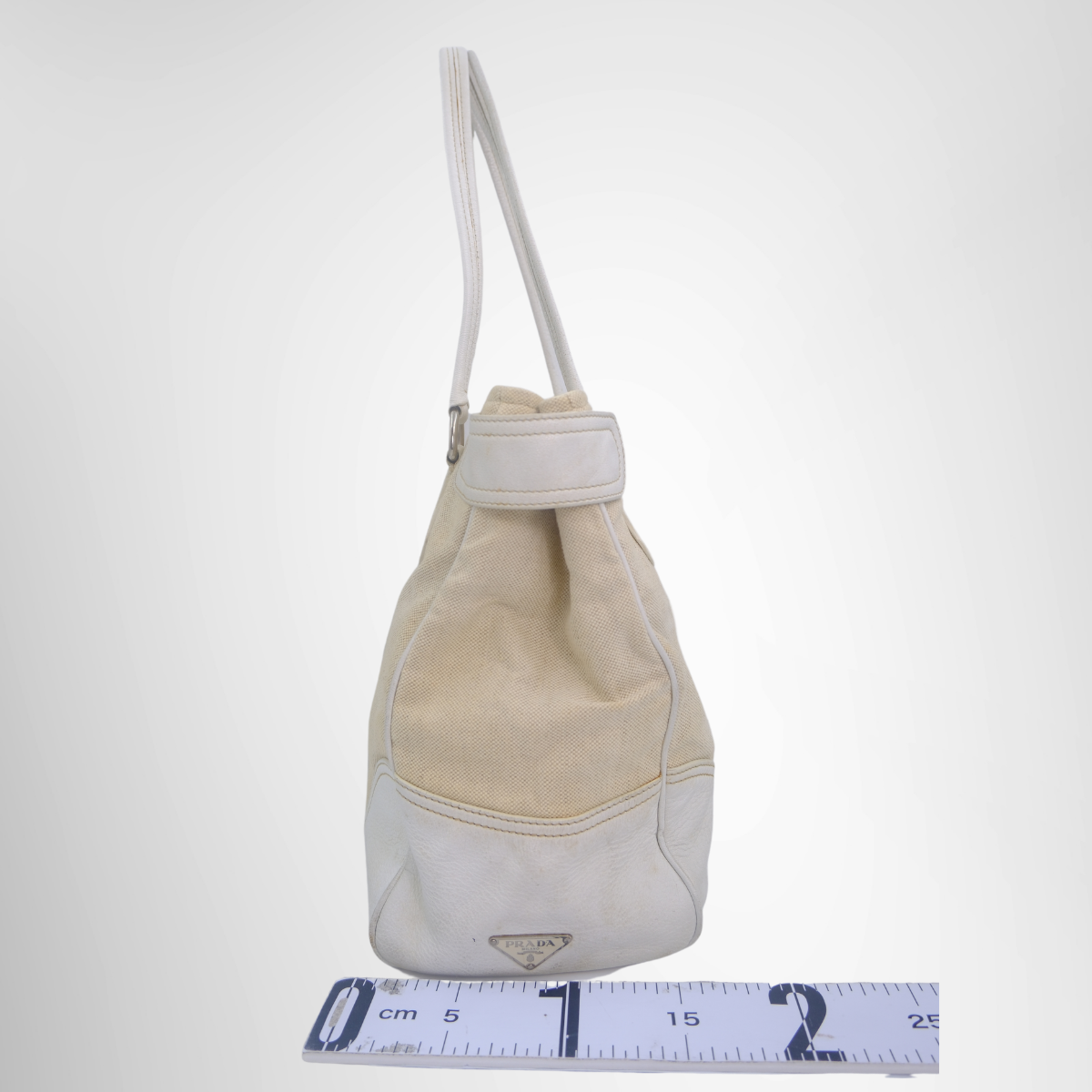 Prada Preowned Luxury White Canvas Leather Tote Bag Side View - Antonio & Co.