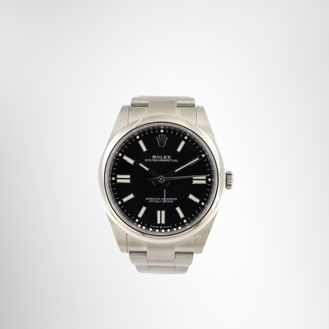 Rolex Preowned Luxury Watch Oyster Perpetual 41mm Black Dial Front View