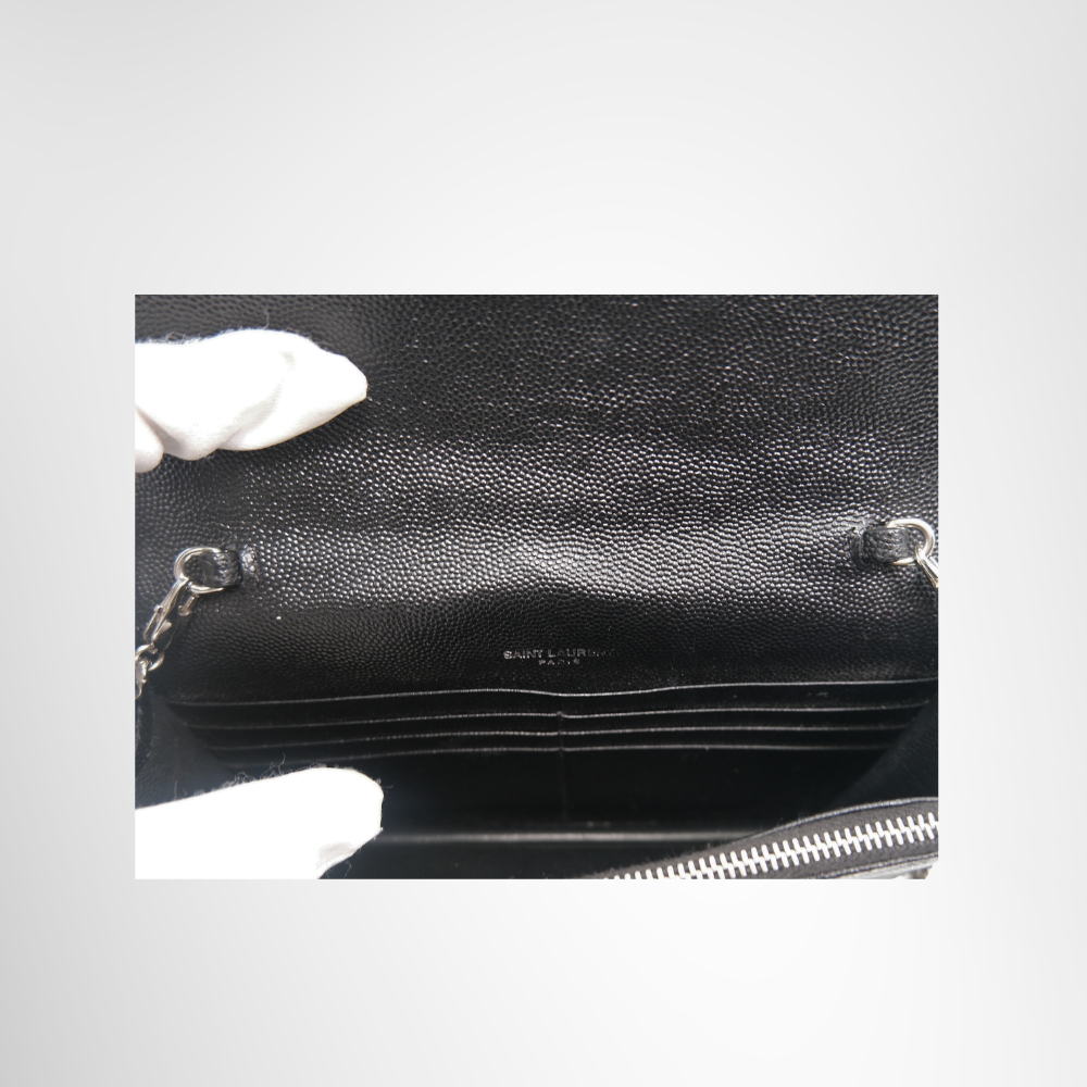 Saint Laurent Preowned Luxury Black Matelasse Leather Wallet on Chain in Silver Close Up View