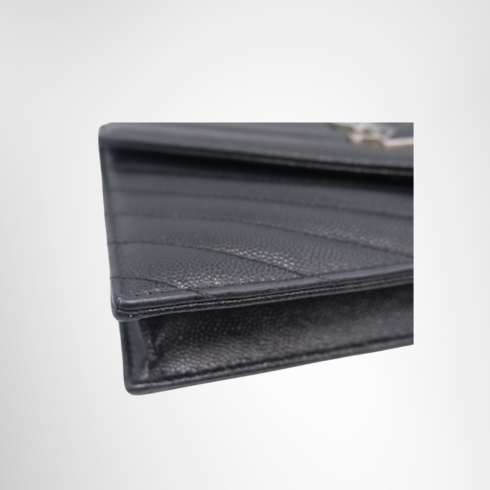 Saint Laurent Preowned Luxury Black Matelasse Leather Wallet on Chain in Silver Corner Side View