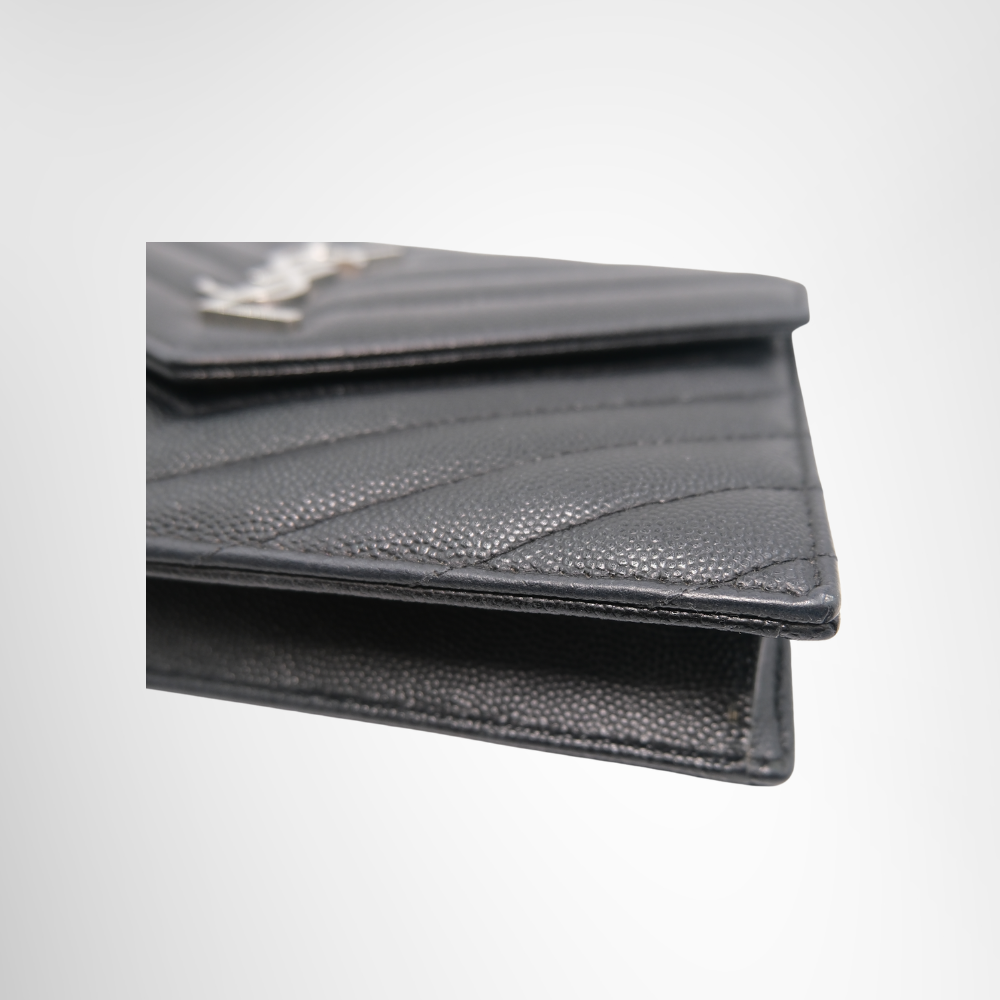 Saint Laurent Preowned Luxury Black Matelasse Leather Wallet on Chain in Silver Corner Side View 1