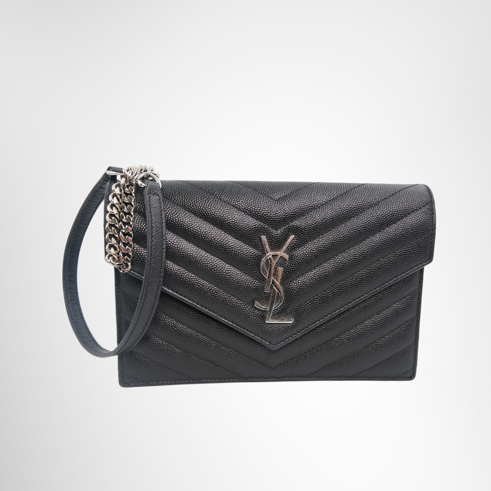 Saint Laurent Preowned Luxury Black Matelasse Leather Wallet on Chain in Silver Front Page