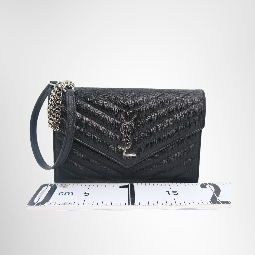 Saint Laurent Preowned Luxury Black Matelasse Leather Wallet on Chain in Silver Front View