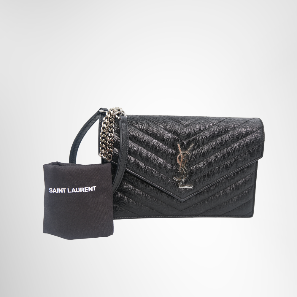 Saint Laurent Preowned Luxury Black Matelasse Leather Wallet on Chain in Silver Front View With Dust Bag