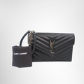 Saint Laurent Preowned Luxury Black Matelasse Leather Wallet on Chain in Silver Front View With Dust Bag